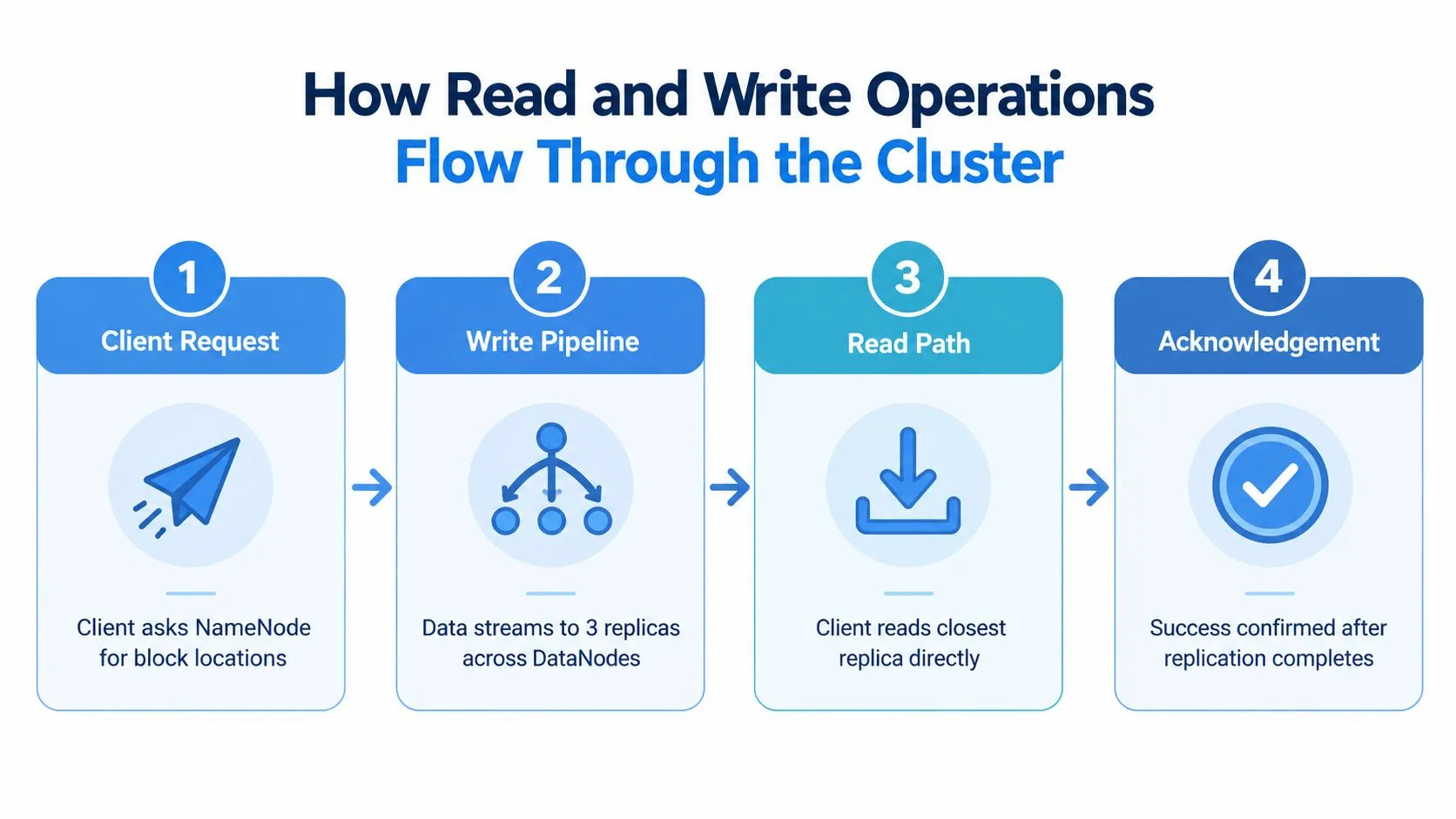 A diagram illustrating the four steps of how read and write operations flow through a Hadoop cluster.