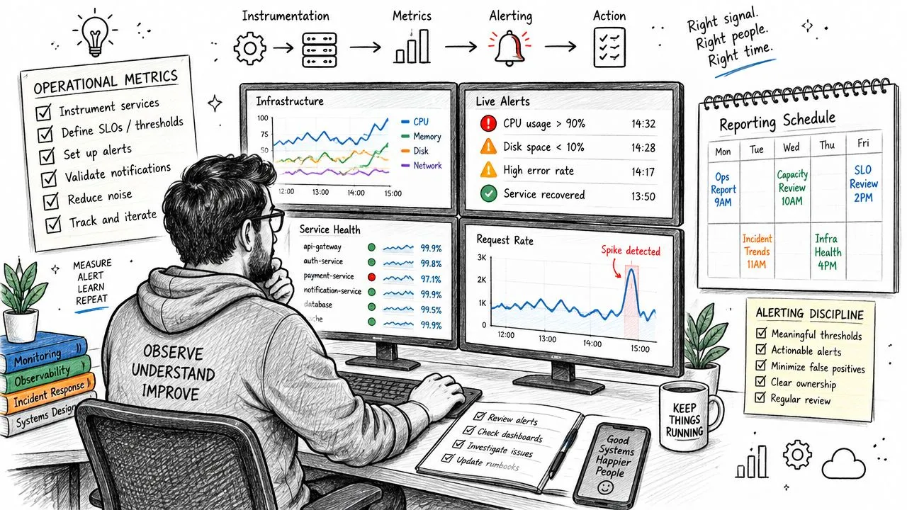 A person monitoring system performance metrics on multiple computer screens in a well-organized office environment.