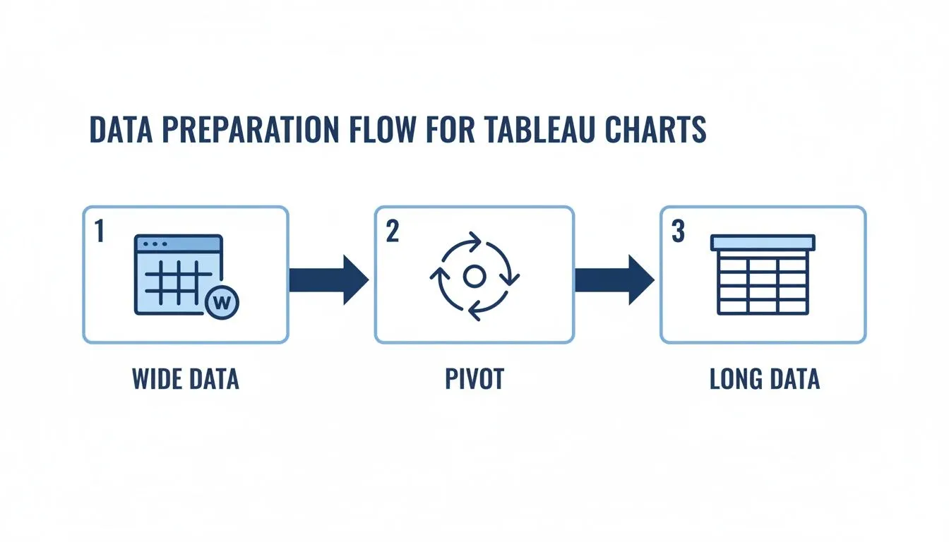 Flow diagram illustrating the data preparation process for Tableau charts, moving from wide data to long data through pivoting.