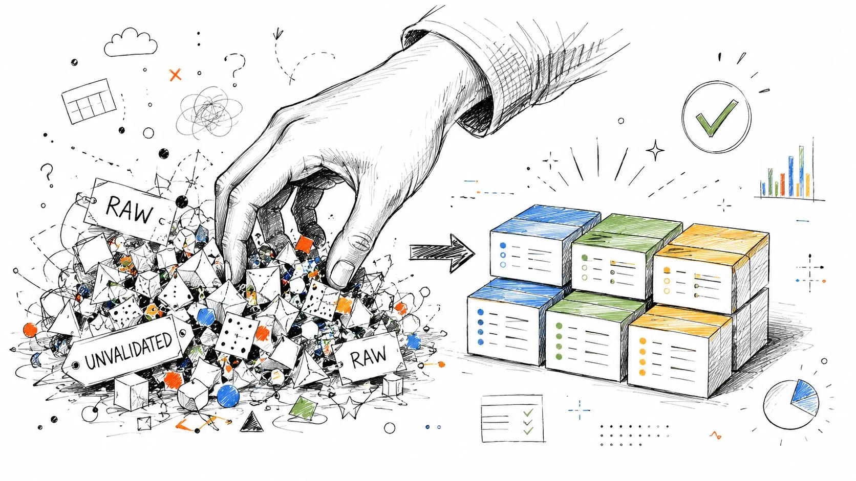 A hand organizing a chaotic pile of raw data into neat, validated boxes with charts.