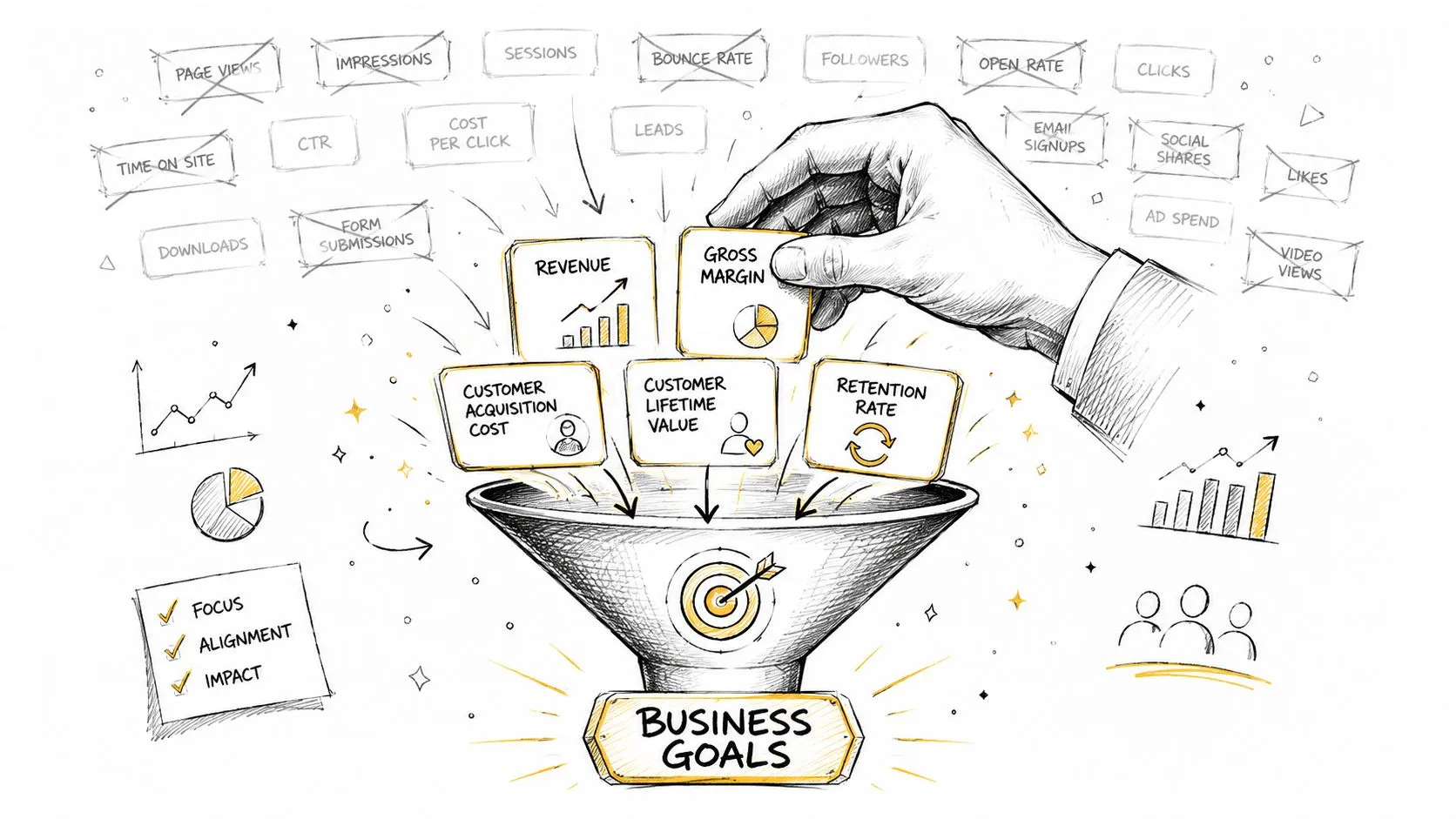 A hand placing metric cards into a marketing funnel leading toward a target labeled Business Goals.