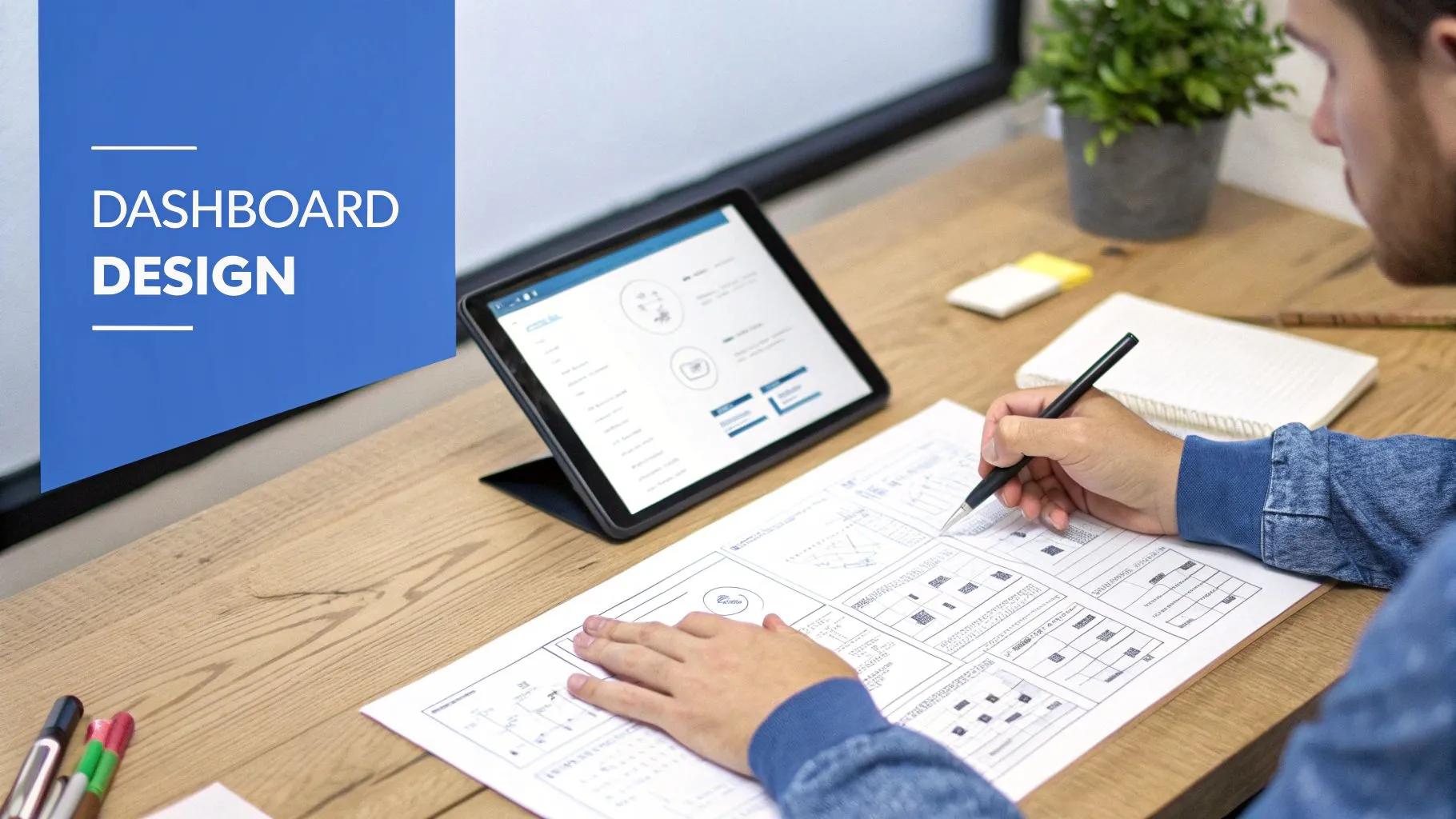 A person is sketching dashboard wireframes on paper, referencing a tablet displaying a digital dashboard interface.