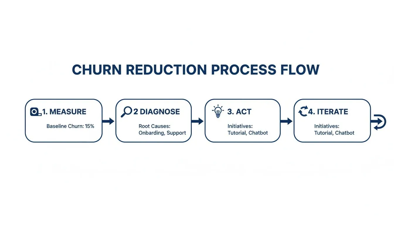 A clear churn reduction process flow diagram with steps: measure, diagnose, act, and iterate.