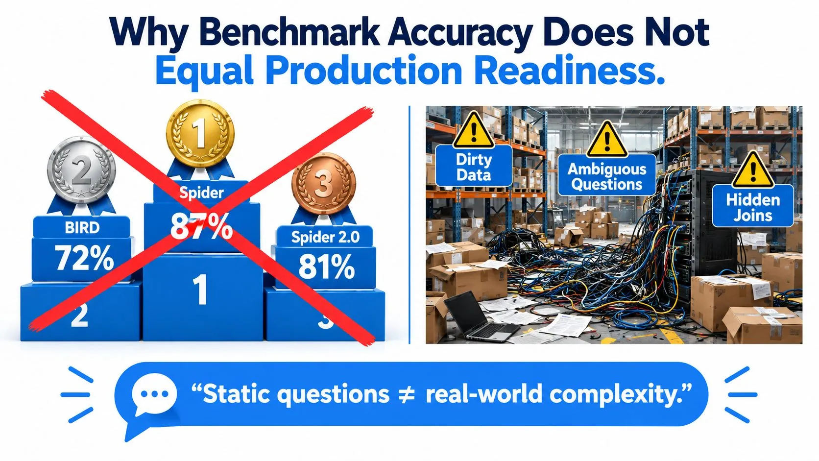 A graphic showing why benchmark accuracy for text to sql models does not reflect production readiness.