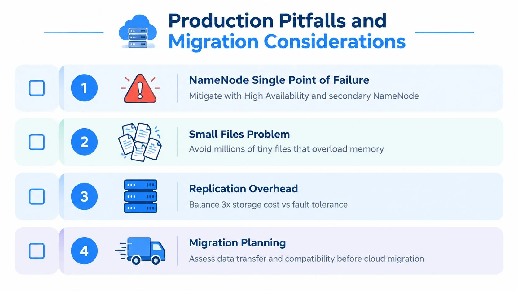 An infographic detailing production pitfalls and migration considerations for the Hadoop Distributed File System, including common challenges.
