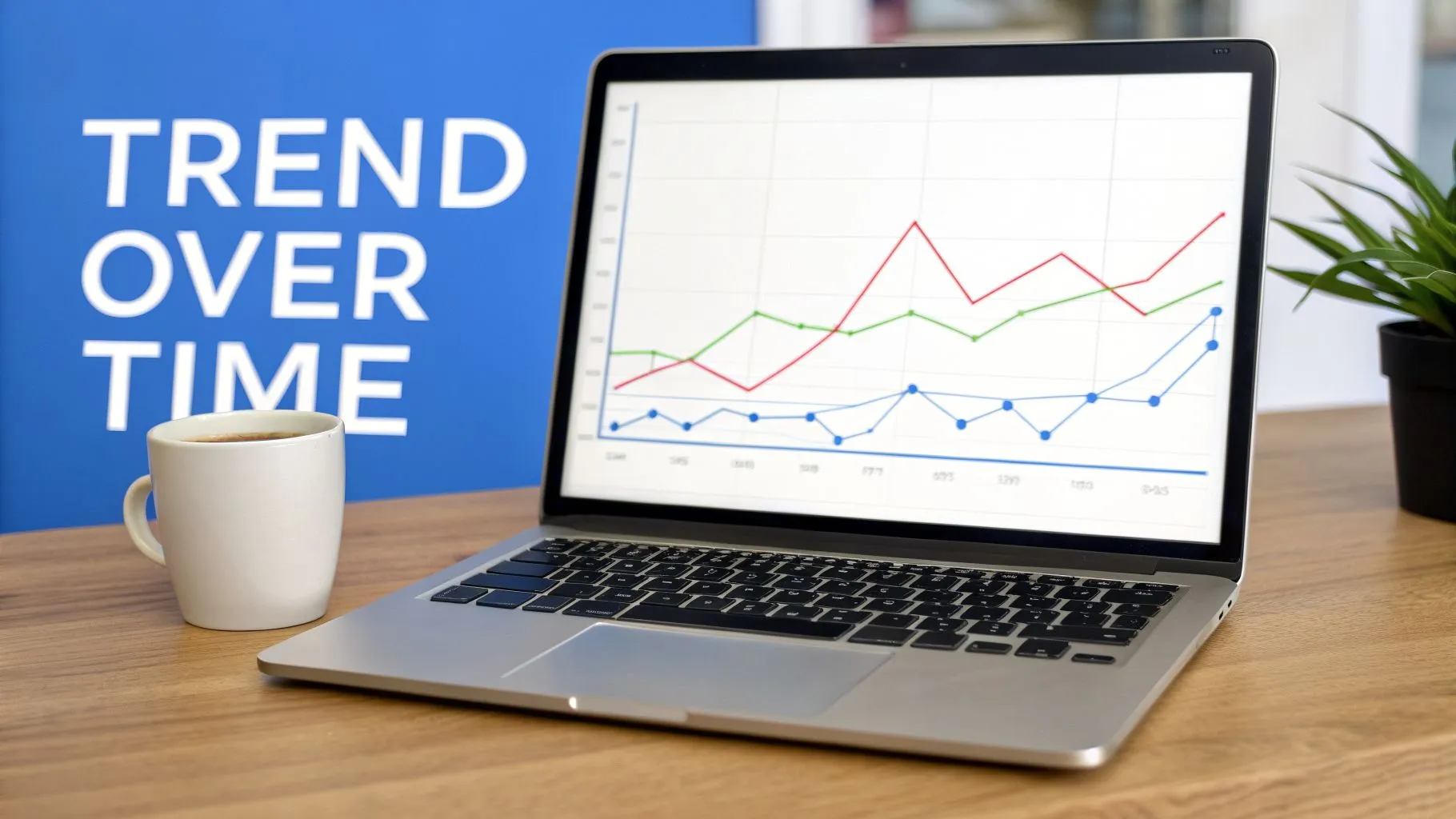 A laptop on a wooden desk displays a line graph, with 'TREND OVER TIME' text on a blue wall, beside a coffee mug.