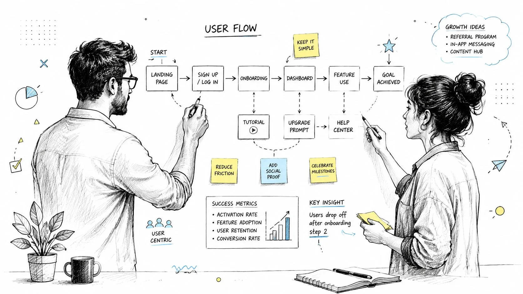 Two professional colleagues collaborating on a detailed sketch of a customer user flow chart on a whiteboard.