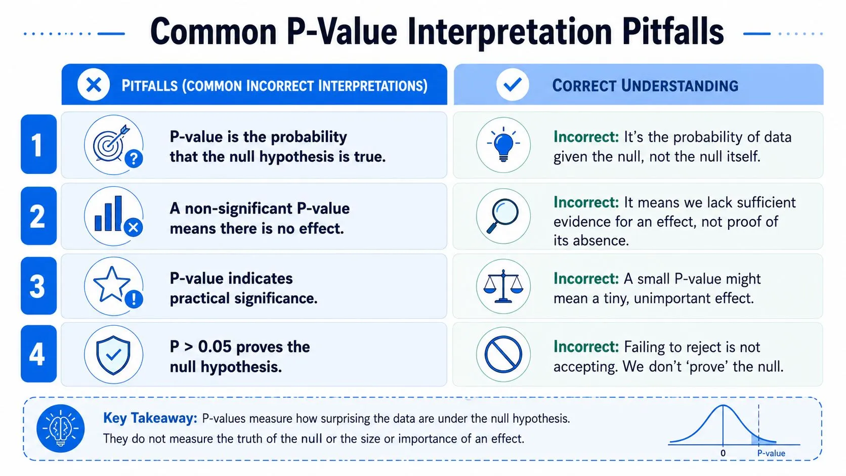 An infographic titled Common P-Value Interpretation Pitfalls, listing four common misconceptions about p-values and their corrections.
