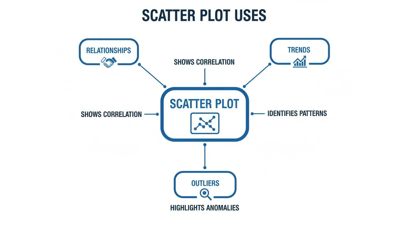 A diagram illustrating the uses of a scatter plot, including relationships, trends, patterns, and outliers.